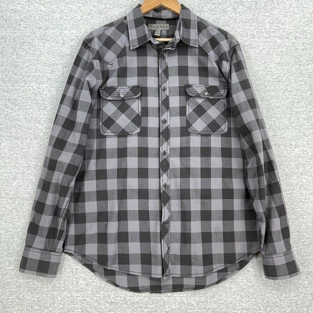 Decree Shirt Mens Large Black Grey Plaid Button Up Roll Tab Sleeve Pockets